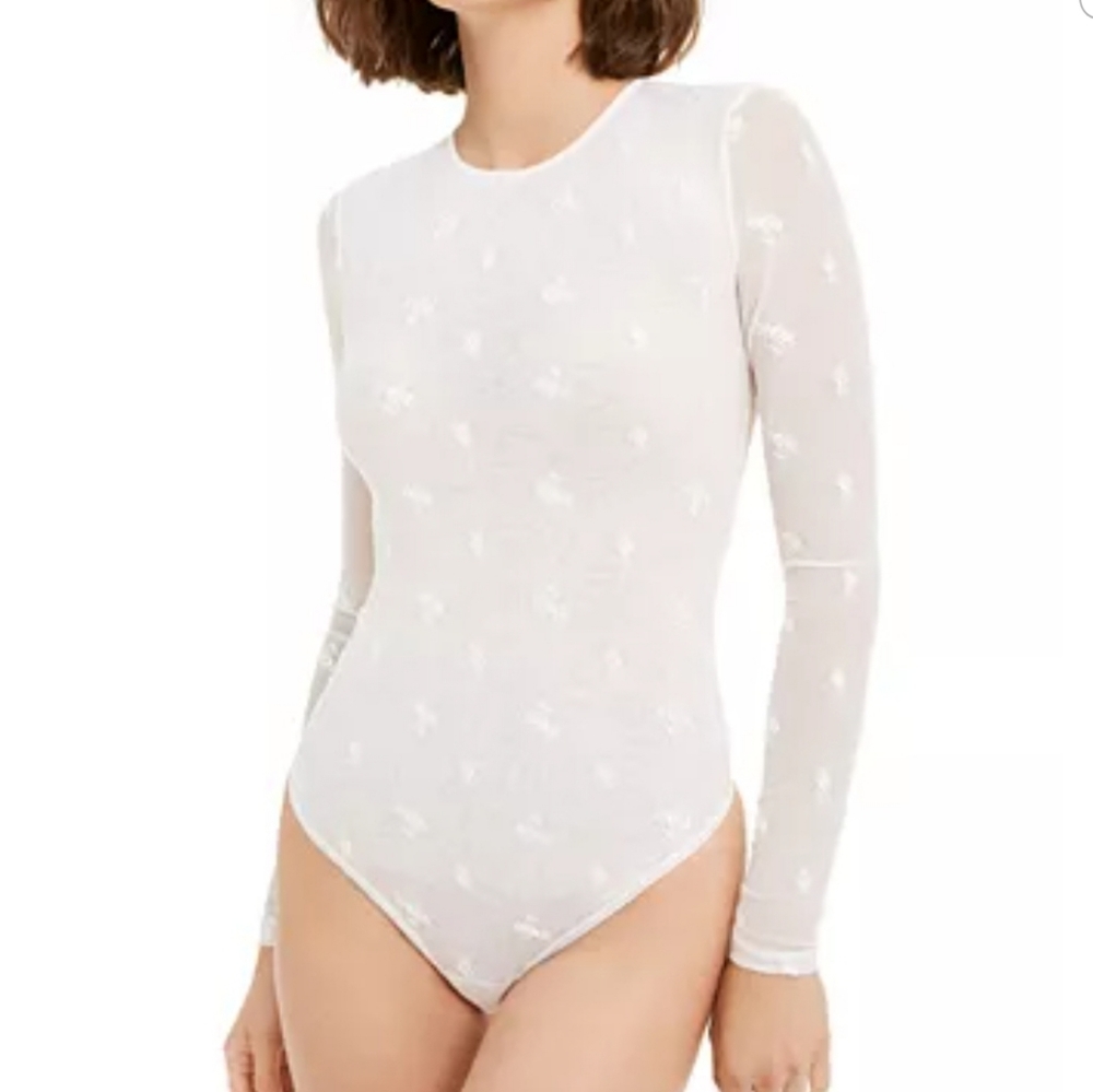 ❗️Free People Make Out Mesh White Sheer Floral Long Sleeve Bodysuit